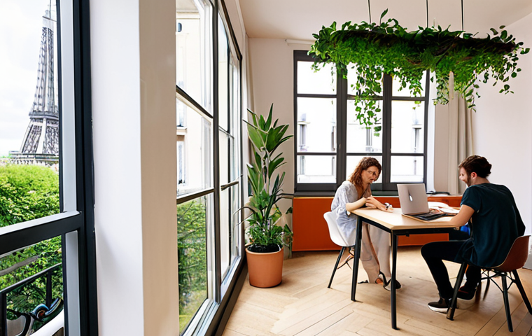 **
* **Prompt:** Modern, brightly lit co-living space in Paris. Young professionals working on laptops at a shared coworking table, with greenery and natural light. Emphasize community and collaboration. Soft, inviting atmosphere. Parisian style architecture subtly in the background.
**