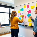 **

A vibrant, modern coliving space during a networking event. People are actively engaged in a brainstorming session, using colorful sticky notes on a large whiteboard. The atmosphere is energetic and collaborative, with natural light and contemporary design elements. Capture a diverse group of residents sharing ideas and smiling.

**