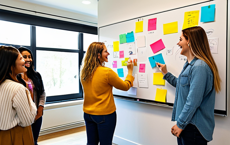 **
A vibrant, modern coliving space during a networking event. People are actively engaged in a brainstorming session, using colorful sticky notes on a large whiteboard. The atmosphere is energetic and collaborative, with natural light and contemporary design elements. Capture a diverse group of residents sharing ideas and smiling.
**