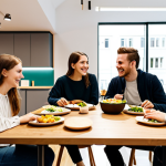 A diverse group of young adult professionals and students, fully clothed in contemporary, modest, and appropriate casual attire, gathered in a spacious, brightly lit modern co-living kitchen and dining area. The space features sleek, minimalist furniture, a large communal wooden table, and healthy food items, subtly suggesting a vibrant European city setting. They are naturally interacting, smiling, and engaged in conversation while sharing a meal or a casual moment. Perfect anatomy, correct proportions, well-formed hands, proper finger count, natural body proportions, professional photography, high-resolution, sharp focus, inviting warm lighting. Safe for work, appropriate content, fully clothed, professional, family-friendly.