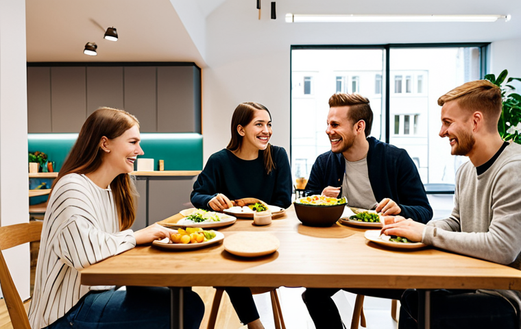 A diverse group of young adult professionals and students, fully clothed in contemporary, modest, and appropriate casual attire, gathered in a spacious, brightly lit modern co-living kitchen and dining area. The space features sleek, minimalist furniture, a large communal wooden table, and healthy food items, subtly suggesting a vibrant European city setting. They are naturally interacting, smiling, and engaged in conversation while sharing a meal or a casual moment. Perfect anatomy, correct proportions, well-formed hands, proper finger count, natural body proportions, professional photography, high-resolution, sharp focus, inviting warm lighting. Safe for work, appropriate content, fully clothed, professional, family-friendly.