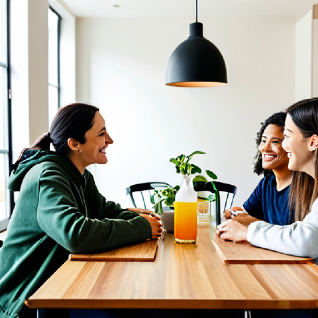 A diverse group of four to five adults, fully clothed in modern, casual, yet modest attire, gathered in a spacious, sunlit common kitchen and dining area of a modern co-living building. The space features contemporary design, a large communal table, and a well-equipped kitchen island. One person prepares food, another sets the table, and others engage in friendly conversation, sharing a drink. The scene conveys a strong sense of community and connection, with potted plants and a notice board subtly visible. Perfect anatomy, correct proportions, natural pose, well-formed hands, proper finger count, natural body proportions, professional photography, high quality, vibrant colors, clear focus, safe for work, appropriate content, fully clothed, modest clothing, family-friendly.