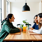 A diverse group of four to five adults, fully clothed in modern, casual, yet modest attire, gathered in a spacious, sunlit common kitchen and dining area of a modern co-living building. The space features contemporary design, a large communal table, and a well-equipped kitchen island. One person prepares food, another sets the table, and others engage in friendly conversation, sharing a drink. The scene conveys a strong sense of community and connection, with potted plants and a notice board subtly visible. Perfect anatomy, correct proportions, natural pose, well-formed hands, proper finger count, natural body proportions, professional photography, high quality, vibrant colors, clear focus, safe for work, appropriate content, fully clothed, modest clothing, family-friendly.