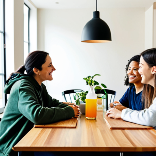 A diverse group of four to five adults, fully clothed in modern, casual, yet modest attire, gathered in a spacious, sunlit common kitchen and dining area of a modern co-living building. The space features contemporary design, a large communal table, and a well-equipped kitchen island. One person prepares food, another sets the table, and others engage in friendly conversation, sharing a drink. The scene conveys a strong sense of community and connection, with potted plants and a notice board subtly visible. Perfect anatomy, correct proportions, natural pose, well-formed hands, proper finger count, natural body proportions, professional photography, high quality, vibrant colors, clear focus, safe for work, appropriate content, fully clothed, modest clothing, family-friendly.