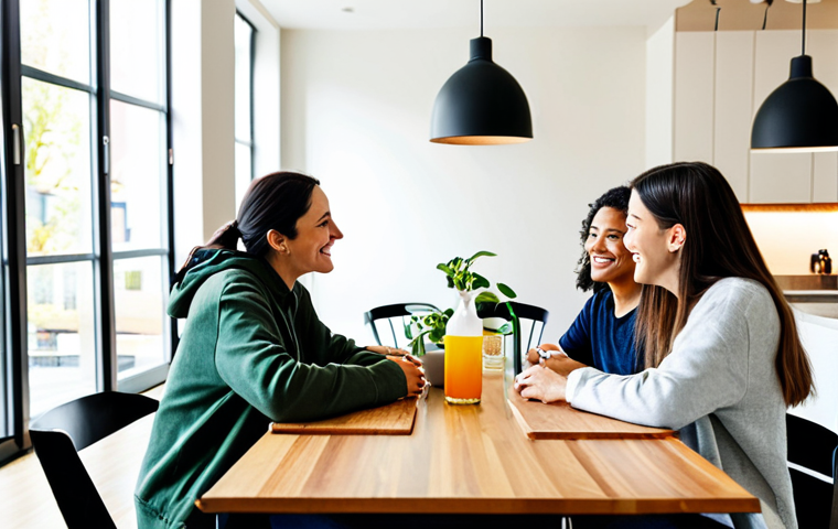 A diverse group of four to five adults, fully clothed in modern, casual, yet modest attire, gathered in a spacious, sunlit common kitchen and dining area of a modern co-living building. The space features contemporary design, a large communal table, and a well-equipped kitchen island. One person prepares food, another sets the table, and others engage in friendly conversation, sharing a drink. The scene conveys a strong sense of community and connection, with potted plants and a notice board subtly visible. Perfect anatomy, correct proportions, natural pose, well-formed hands, proper finger count, natural body proportions, professional photography, high quality, vibrant colors, clear focus, safe for work, appropriate content, fully clothed, modest clothing, family-friendly.