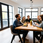 A diverse group of young adults (25-35 years old) laughing and interacting around a large wooden dining table in a bright, modern coliving common area. Some individuals are engaged in direct conversation, while others are sharing content on a tablet or looking at a laptop with shared information. The room is spacious, well-lit with natural light streaming through large windows, showcasing contemporary furniture and green plants. The background hints at an urban setting, possibly a modern European city. All subjects are fully clothed in stylish yet modest casual attire, appropriate for a shared living environment. The scene depicts a warm, inviting atmosphere, captured with professional photography. safe for work, appropriate content, family-friendly, perfect anatomy, correct proportions, natural pose, well-formed hands, proper finger count, natural body proportions.
