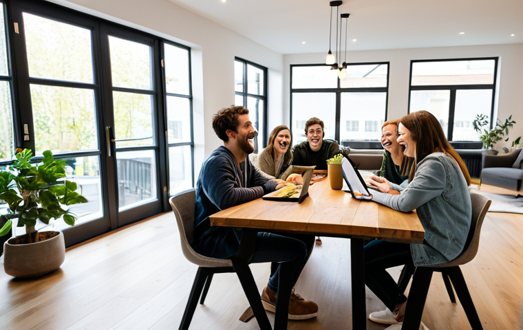 A diverse group of young adults (25-35 years old) laughing and interacting around a large wooden dining table in a bright, modern coliving common area. Some individuals are engaged in direct conversation, while others are sharing content on a tablet or looking at a laptop with shared information. The room is spacious, well-lit with natural light streaming through large windows, showcasing contemporary furniture and green plants. The background hints at an urban setting, possibly a modern European city. All subjects are fully clothed in stylish yet modest casual attire, appropriate for a shared living environment. The scene depicts a warm, inviting atmosphere, captured with professional photography. safe for work, appropriate content, family-friendly, perfect anatomy, correct proportions, natural pose, well-formed hands, proper finger count, natural body proportions.