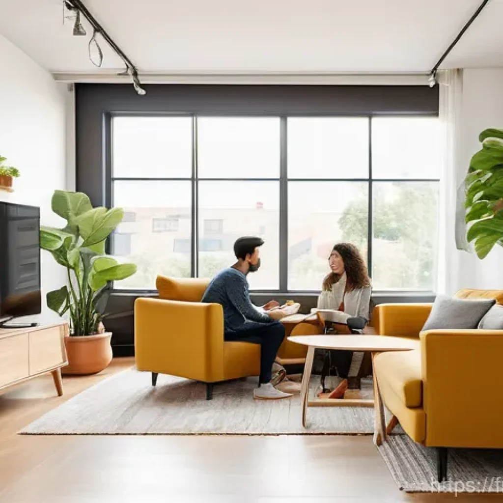 전세계 코리빙 커뮤니티 탐방기 - A bright and spacious common living area in a modern co-living space. A diverse group of young profe...