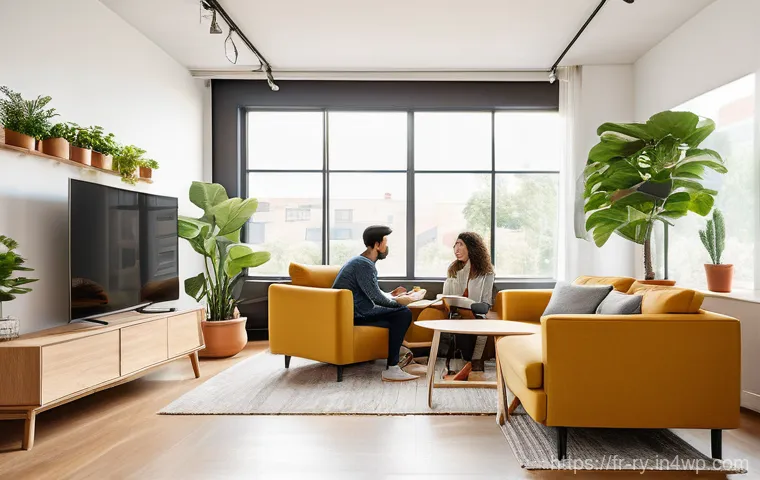 전세계 코리빙 커뮤니티 탐방기 - A bright and spacious common living area in a modern co-living space. A diverse group of young profe...