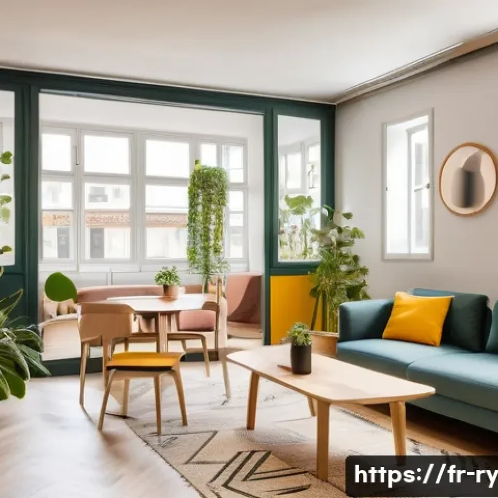 코리빙 커뮤니티의 이용자 경험 개선 - A modern coliving common room in Lyon, featuring modular furniture such as movable desks and transfo...