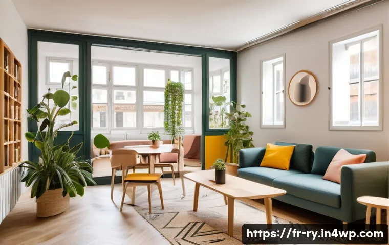 코리빙 커뮤니티의 이용자 경험 개선 - A modern coliving common room in Lyon, featuring modular furniture such as movable desks and transfo...