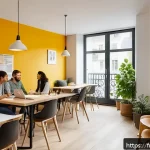 코리빙 커뮤니티의 서비스 및 요금 비교 - A modern coliving space in Paris designed for digital nomads, featuring bright, open communal areas ...