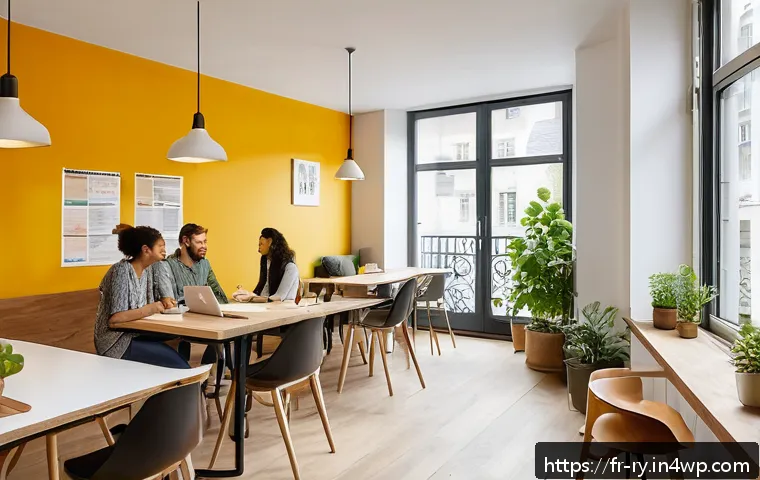 코리빙 커뮤니티의 서비스 및 요금 비교 - A modern coliving space in Paris designed for digital nomads, featuring bright, open communal areas ...
