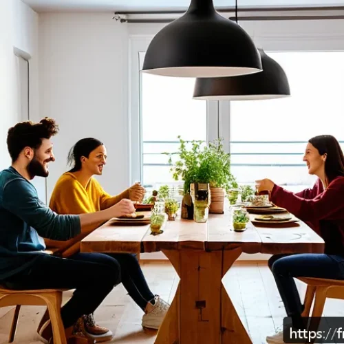 코리빙 커뮤니티의 장기 거주자 혜택 - A cozy and modern coliving space in Lyon, featuring a diverse group of young adults sharing a commun...