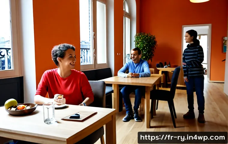 Home 17 코리빙 커뮤니티의 고객 서비스 향상 방법 - Photorealistic wide-angle scene inside a welcoming Paris co-living residence lounge, a friendly cust...