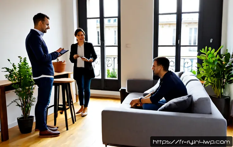 Home 30 코리빙 커뮤니티의 경쟁력 있는 관리 전략 - Photorealistic co-living property manager in a bright modern Paris apartment lounge, reviewing a vis...